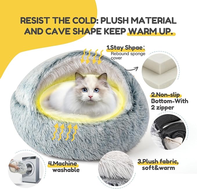 CATISM Cat Bed, Plush Hooded Cat Beds for Indoor Cats | Warm Soft Plush Comfortable Removable Washable Non-Slip Bottom - Image 5