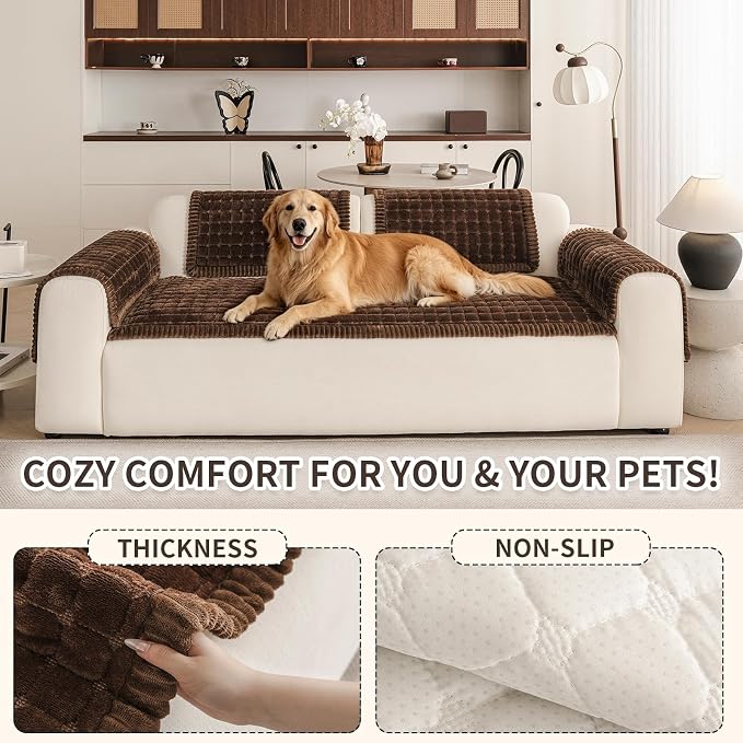 Couch Covers for Sofa Washable, Non Slip Couch Covers for Dogs, Soft Plush Pet Friendly Dog Couch Cover, Plaid Couch Protector for Dogs, Pet Couch Cover for LoveSeat(Dark Brown,28"×59",1PC) - Image 5