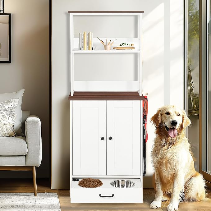 Pet Feeding Station Storage Cabinet with Bowls and Rack, Adjustable Panel,Pet Feeder Station for Dogs Cats for Feeding & Watering Supplies with 2-Level Shelving by Flieghund