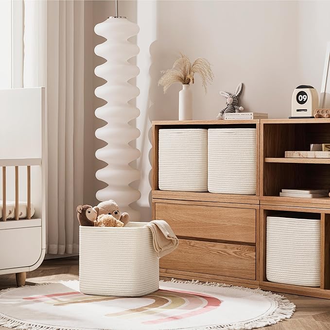 joybest 13inch Cube Storage Bins, Cotton Rope Woven Organizer Basket | Set of 4 Cube Bin Square Shelves Organizer Closet Storage, Nursery, Toy Organization, Beige - Image 2