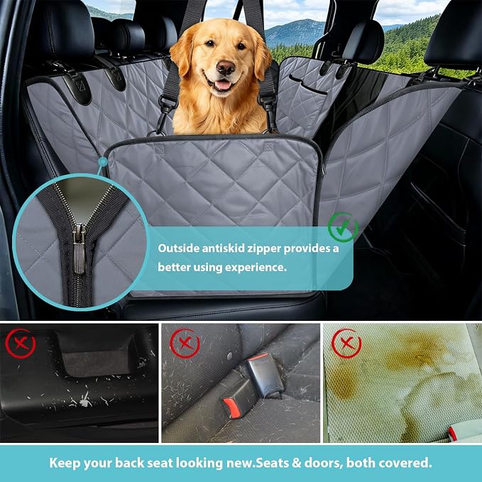 Truck Dog Seat Cover Back Seat | 100% Waterproof & Seat Belt | Pet Hammock for Car Rear Seat Protector with Mesh Window Fits Pickup Ford F-Series/Chevrolet Silverado/Ram/GMC Sierra etc(Gray) - Image 3