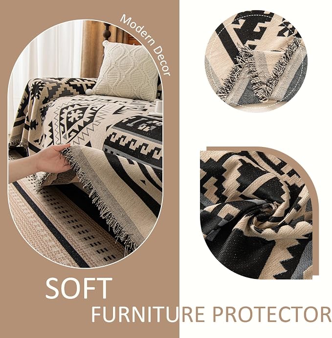 VClife Boho Couch Cover, Aztec Sofa Cover for Dog, Non Slip Washable Couch Covers for 3-4 Cushion Couch Sofa, Reversible Triangle Geometric Futon Cover Furniture Protector (Black-Beige, 71" x 150") - Image 6