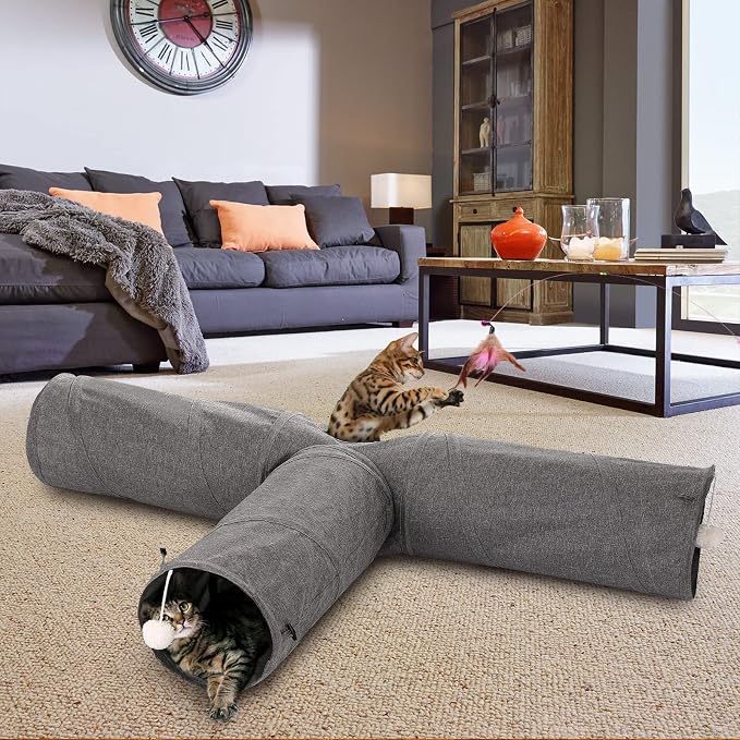 Ownpets Cat Tunnel, 3 Way Collapsible Kitty Tunnel 47 inch Long Cat Tube with Plush Ball & Feather Toy, Cat Play Tunnel for Indoor Cat, Kitten, Rabbit - Image 7