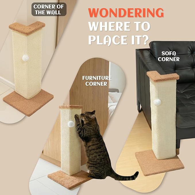 PETKARAY Couch Corner Cat Scratcher, 22.5" Sisal Scratching Post for Indoor Cats, Corner Wall Scratch Pad for Furniture Protection, Plush Base, Medium - Image 6
