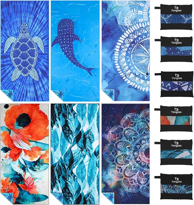 Yongoes 6 Pack Microfiber Beach Towel Oversized 71x32 Colorful Print Bulk | Lightweight Thin,Sand Free,Super Absorbent Quick Dry Large Towels for Swim Pool Bath Travel Vacation Accessories Essentials by Yongoesbeachtowel