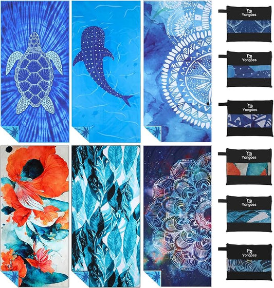 Yongoes 6 Pack Microfiber Beach Towel Oversized 71x32 Colorful Print Bulk | Lightweight Thin,Sand Free,Super Absorbent Quick Dry Large Towels for Swim Pool Bath Travel Vacation Accessories Essentials by Yongoesbeachtowel