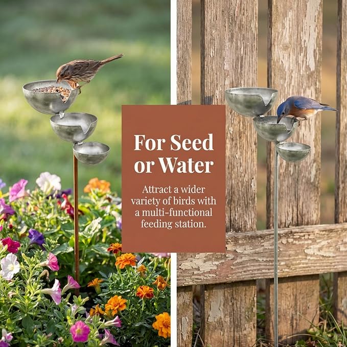 Multi-Tier Rain Catcher Garden Stake & Bird Bath for Outdoors, Rusty Metal Garden Decor Bee Watering Station, Flower Garden Stakes Bird Bath for Lawn Yard Landscaping. (Metallic Primary Colors) - Image 5