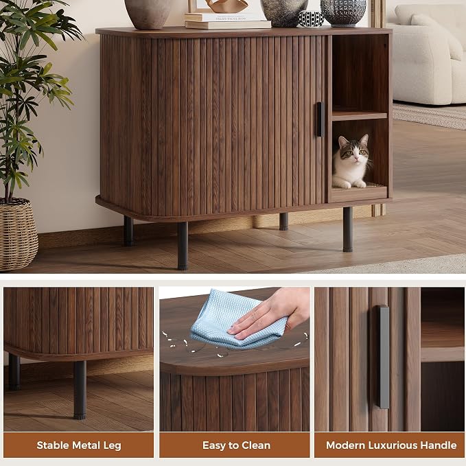 Cat Litter Box Enclosure with Scratch Pad, Large Hidden Litter Box Enclosure Furniture for self-Cleaning Litter Boxes, Sliding Door, Adjustable Shelf for Dog Proof, Modern Indoor Cat House, Walnut - Image 4