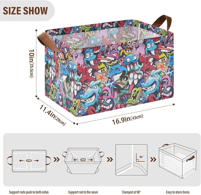 Abstract Grunge Graffiti Monster Baby Storage Basket with Labels&Handles Rectangular Waterproof Nursery Storage Bins Collapsible Shelf Organizer Baskets for Kids Books Cloth Gift Toys Laundry, 2 Pack - Image 6