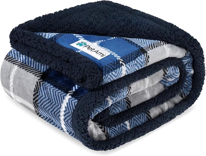 PetAmi Waterproof Dog Blanket for Couch, Extra Large 80x60, Pee Proof Sherpa Fleece Reversible Pet Throw, Furniture Protector for Bed Sofa Crate Kennel, Soft Washable Cover for Dogs, Plaid Blue by PetAmi