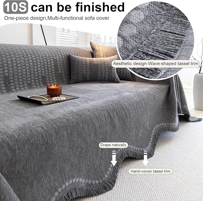 ROOMLIFE Gray Couch Cover Boho Sofa Covers for 3 Cushion Couch Washable, Furniture Protector Sofa Couch Cover for Dogs, Soft Chenille Sofa Slipcover, Couch Throw Blankets with Tassels 71 '' X 134'' - Image 3