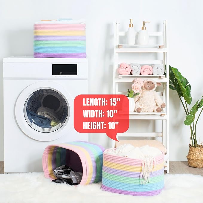 MINTWOOD Design 3-Pack Storage Baskets and Cube Bins for Shelves, Playroom and Classroom, Decorative Woven Closet Organizers for Books, Shoes, and Pantry Items, Pastel Rainbow - Image 7