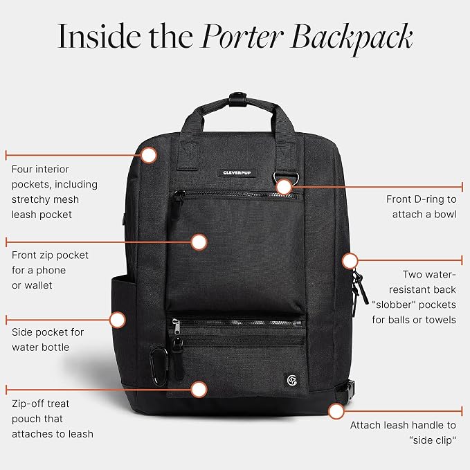 Cleverpup Porter 2-in-1 Dog Gear Backpack – Premium Dog Travel Bag with 10 Pockets, Zip-Off Treat Pouch, Leash Clip, Waterproof Pockets & Water Bottle Holder – Weekend, Hiking, Camping, Graphite - Image 3
