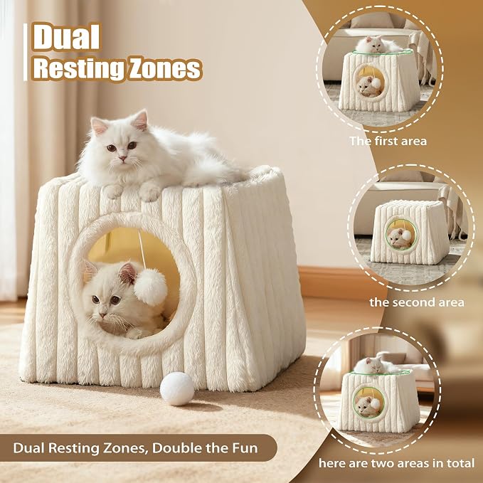 Dogpals Indoor Cat House - Large Cat Cave Bed with Fluffy Balls, Foldable Cat Bed Cave and Apartment with Pads, Suitable for Multiple Small and Large Cats, 18.5x15.4x15.4inches (White, XL) - Image 3