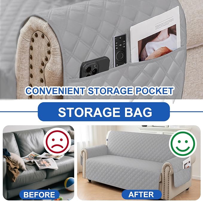 Waterproof Couch Cover for Pets, Sofa Covers for 3 Cushion Couch Washable, Non Slip Couch Covers for Dogs with Side Pockets Elastic Straps, Quilted Couch Covers for Sofa (Sofa, Light Grey) - Image 5