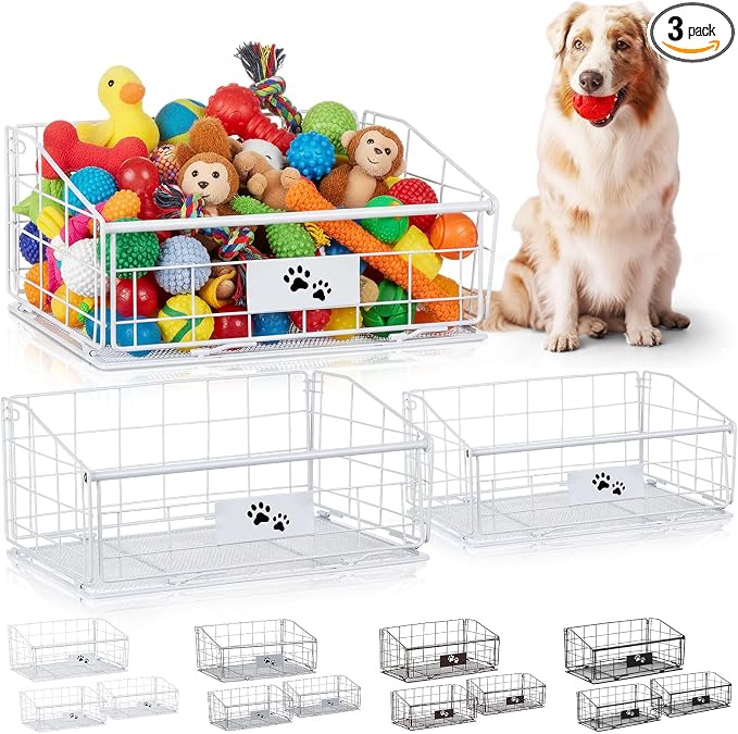 Mimorou 3 Pack Metal Dog Toy Baskets Multi-sized Foldable Dog Toy Bins Box Storage Container Organizer for Living Room Area Decorative Pet Accessories Coat Clothing Storage Holder Baskets(White) by Mimorou