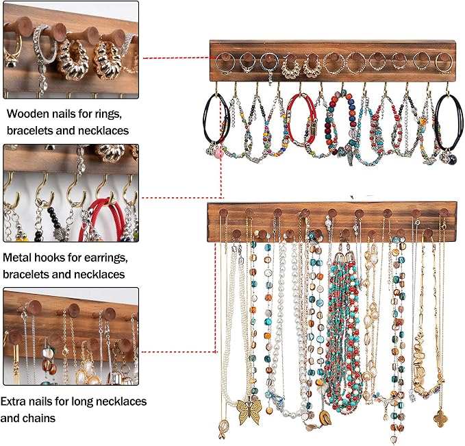 3Pcs Jewelry Organizers and Storage, Wood Earring Organizer | Hanging Jewelry Organizer,Rustic Wall Jewellery Organizer,Wall Mounted Earring Holder for Storage Display Gift (Brown+Black) - Image 6