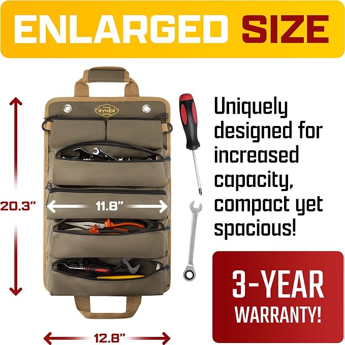 Ryker Heavy Duty Roll Up Tool Bag Organizer w/Detachable Pouches, Khaki | Tool Roll Up Bag Tool Box Organization. Portable Truck & Motorcycle accessories. Rollup Tools Bags for Mechanic & Electrician - Image 2
