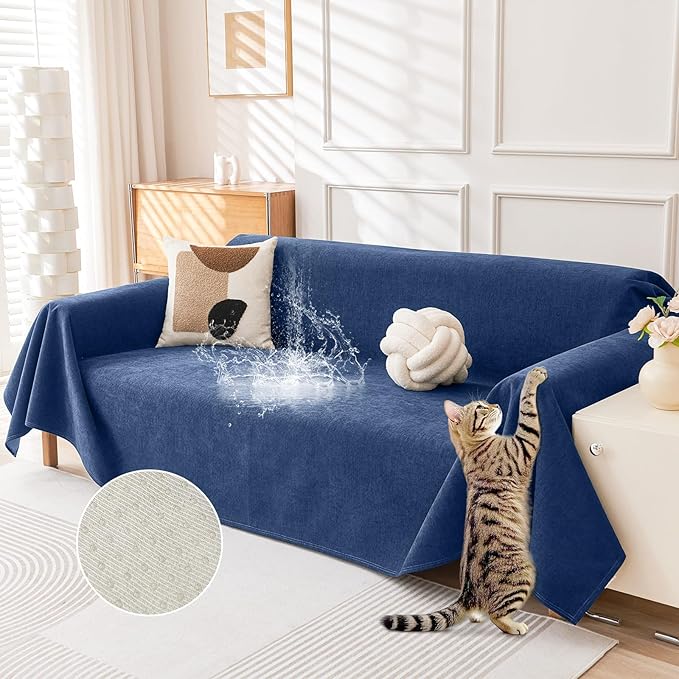 Deep Dream Cat-Scratch Resistant Couch Cover, Waterproof Sofa Cover for 2 Cushion Couch Washable, Pet Friendly Couch Protectors Anti Slip Thickened Slipcovers for Dogs Pets, 71" x 102", Blue by DeepDream