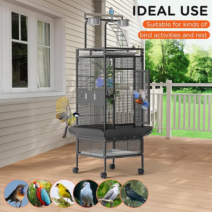 Garveehome 60 Inch Wrought Iron Large Bird Cage with Play Top, Stand | Rolling Metal Black Parrot Cage with 4 Stainless Steel Bowls for African Grey Cockatiel Sun Parakeet Conure Lovebird Budgie - Image 6
