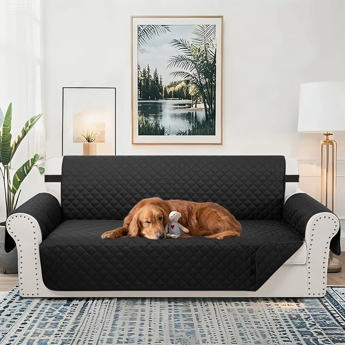 Reversible 4 Seater Sofa Cover 91" Large, Sofa, Black/Black | Couch Cover Furniture Protector with Foam Sticks Elastic Straps Furniture Protector for Pets Children Dog Cat - Image 2