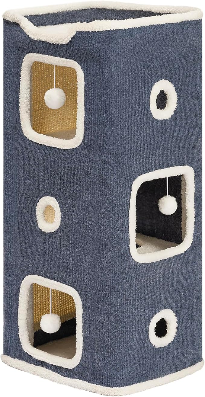 Cat House, Cat Beds for Indoor Cats, 3-Story Cat Condo Cube | Cat Bed Cave with Scratch Pad and Fluffy Ball Hanging, Multi-Level Cozy Hideout Center Ideal for Small/Medium Cats by Hannadepot