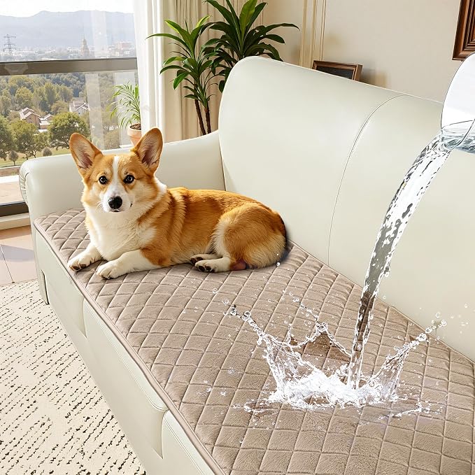 ALIECOM Sofa Cover Waterproof Couch Cover for Dogs Washable Velvet Sofa Slipcovers Loveseat Covers for 2 Cushion Couch Pet Friendly Non Slip Furniture Protector (Light Khaki, 27.6" x 59.1") by ALIECOM