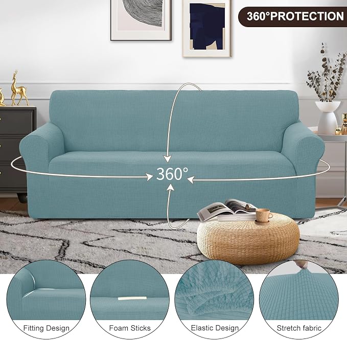 U-NICE HOME Stretch Couch Cover Slipcover for 3 Cushion Sofa, Light Blue | 1-Piece Sofa cover, Washable, Pet friendly, Furniture protector, Polyester Spandex Jacquard fabric - Image 3