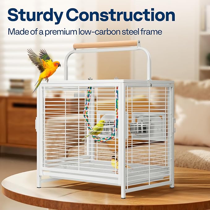 VIVOHOME 19 Inch Wrought Iron Travel Bird Cage for Cockatiel Parakeets | Bird Travel Carrier Cage with Wooden Handle/Perch, Slide-out Tray for Small Parrots Conures Lovebirds Canaries Finches, White - Image 3