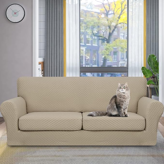 YEMYHOM Latest Checkered 3 Pieces Couch Covers for 2 Cushion Couch High Stretch Sofa Cover with 2 Extra Large Seat Cushion Covers Anti Slip Elastic Slipcovers (Khaki), 71"-91"(2 Cushions) - Image 2