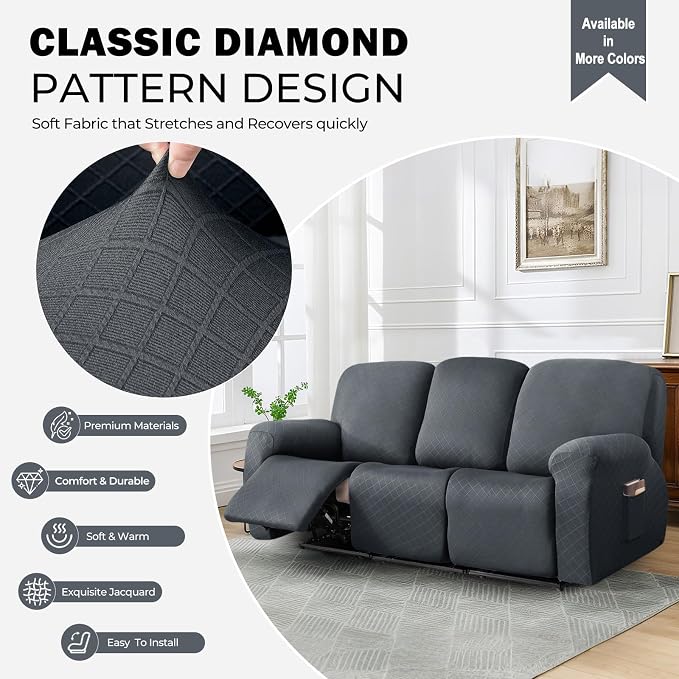 vctops Diamond Recliner Sofa Covers 8-Pieces Stretch Large Couch Covers for 3 Seats Reclining Slipcovers Soft Solid Furniture Protector (Grey,3 Seat) - Image 3