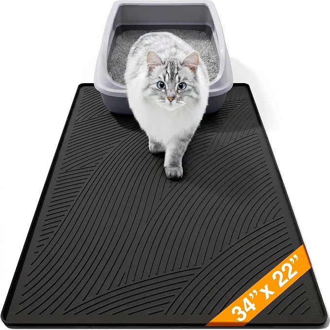 Cat Litter Box Mat - L Large Size 34 x 22 in, Water Proof, Kitty Litter Trapping Mat, Easy to Clean, Scatter Control, Odorless, Pet Supplies for Indoor Cats, Dark Gray by BANLYEO