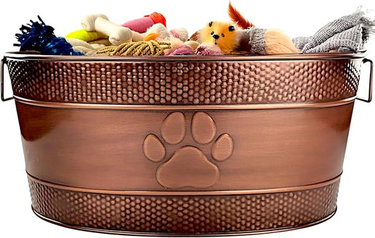 BREKX Copper Metal Dog Toy Storage Bin, Indestructible, Large | Toy Box, Blanket & Leash Organization • Handles by BREKX