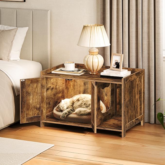 MAHANCRIS Cat Litter Box Enclosure, Hidden Litter Box Furniture with Divider, Indoor Cats House, Wooden Cat Washroom Storage Cabinet Bench, Side End Table Nightstand, Rustic Brown CWHR2501Z - Image 5