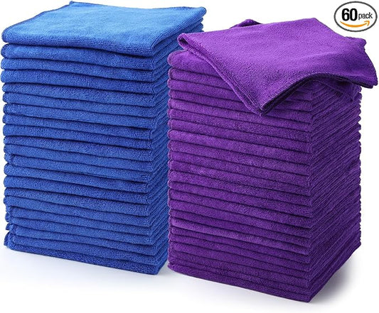 Nuenen 60 Pcs Microfiber Cleaning Cloths for Cars 16 x 16 Inch Ultra Absorbent Car Towels Drying Reusable Cleaning Supplies House Kitchen Window Microfiber Towel (Purple,Blue) by Nuenen