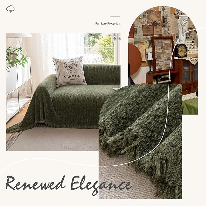 ROOMLIFE Green Sofa Cover, Vintage Boho Couch Cover for 3 Cushion Sofa, Non Slip Soft Chenille Sofa Slipcovers for Dog, Washable Furniture Sofa Protector Cover with Tassel for Living Room, 71''X150” - Image 4