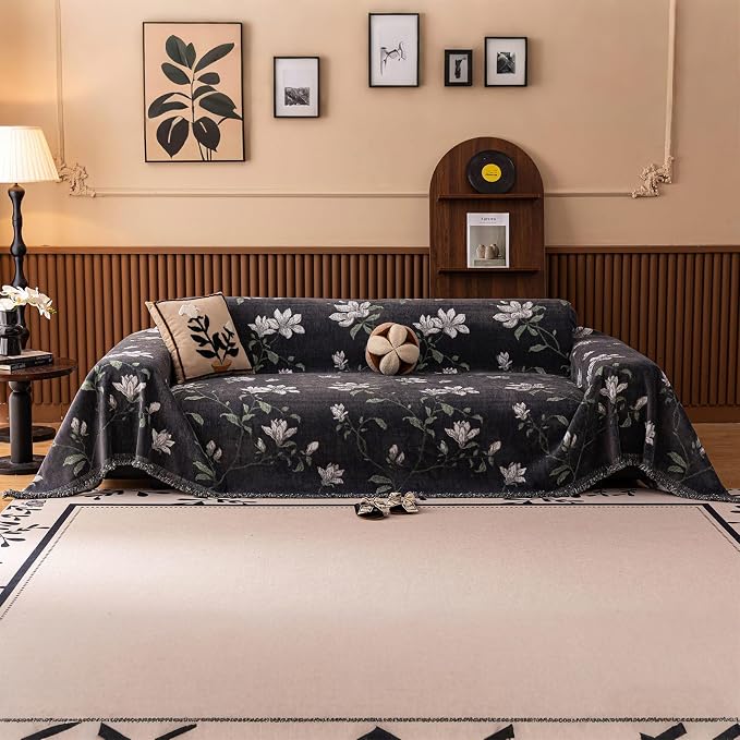 STACYPIK Luxury Floral Gray Sofa Cover for Dogs, Thick Botanical Garden Jacquard Couch Cover for 2 Cushion Couch, Washable Pet Couch Protector Slipcover for Sectional Multi-use Throw Blanket-71X118IN by STACYPIK