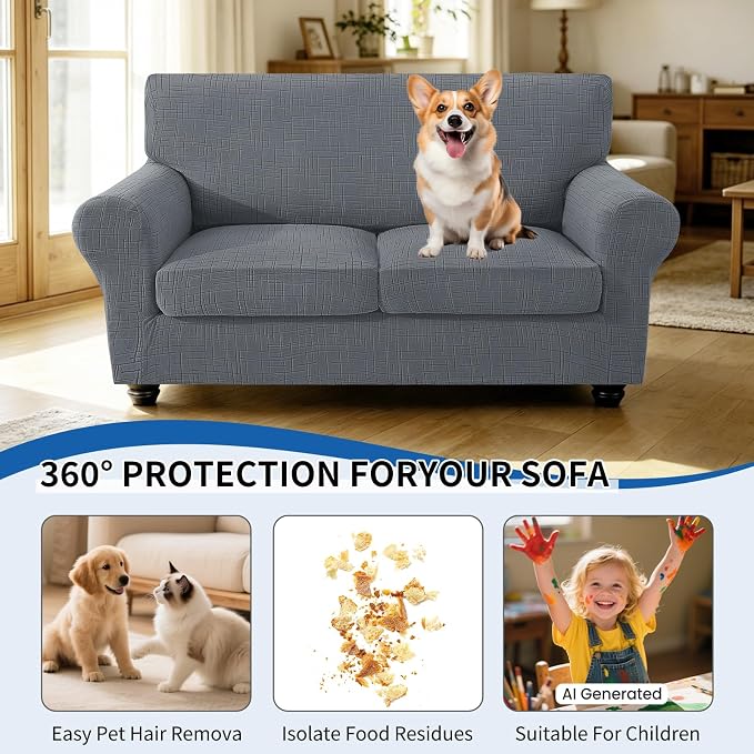 CYCMCAO 3 Piece Stretch Sofa Cover Couch Covers for 2 Cushion Couch, Non Slip Loveseat Covers, Sofa Covers Washable with Elastic Bottom for Kids, Dogs (Light Gray), 55"-69" (2 Cushion Loveseat) - Image 5