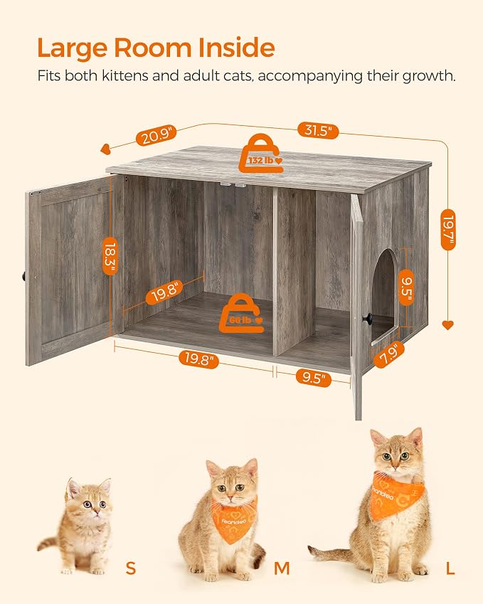 Feandrea Cat Litter Box Enclosure, Litter Box Furniture Hidden with Removable Divider, Indoor Cat House, End Table, 31.5 x 20.9 x 19.7 Inches, Greige UPCL002G01 - Image 5