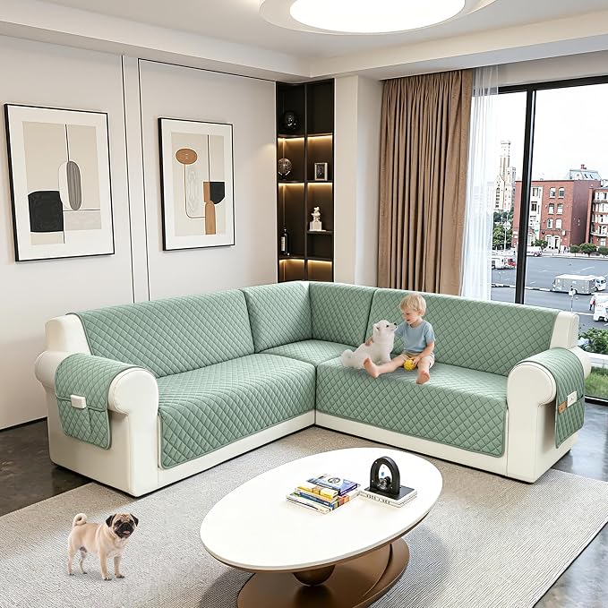 Sectional Couch Covers for Dogs 100% Waterproof Corner L Shaped Sofa Cover Pet Friendly Velvet Washable Anti Slip L Shape Modular Sofa Slipcover Protector with Pockets (Light Green, XX-Large) - Image 6