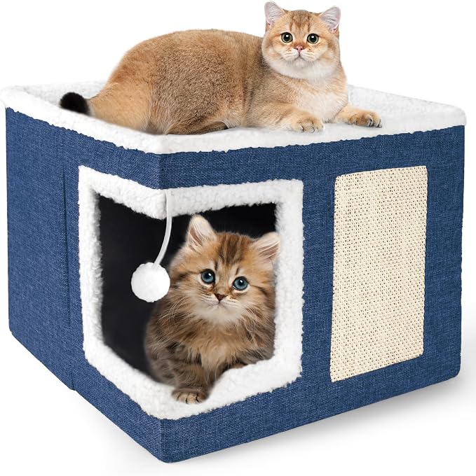 Loyareal Cat Houses for Indoor Cats - Large Cat Bed Cave with Scratch Pad and Fluffy Ball, Foldable Cat Condo Hideaway with Reversible Cushion for Multi Small Pet, Navy Blue by Loyareal
