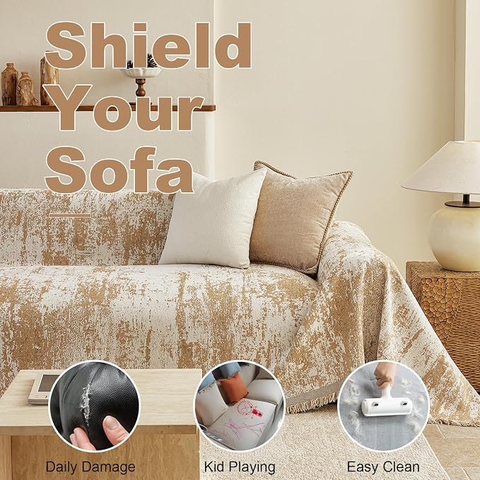 VClife Boho Couch Cover, Non Slip Soft Couch Covers for 3-4 Cushion Couch Sofa Pet Friendly, Irregular Vintage Khaki Off-White Scraped Texture Furniture Protector Sofa Slipcover for Dog, 71" X 150" - Image 5