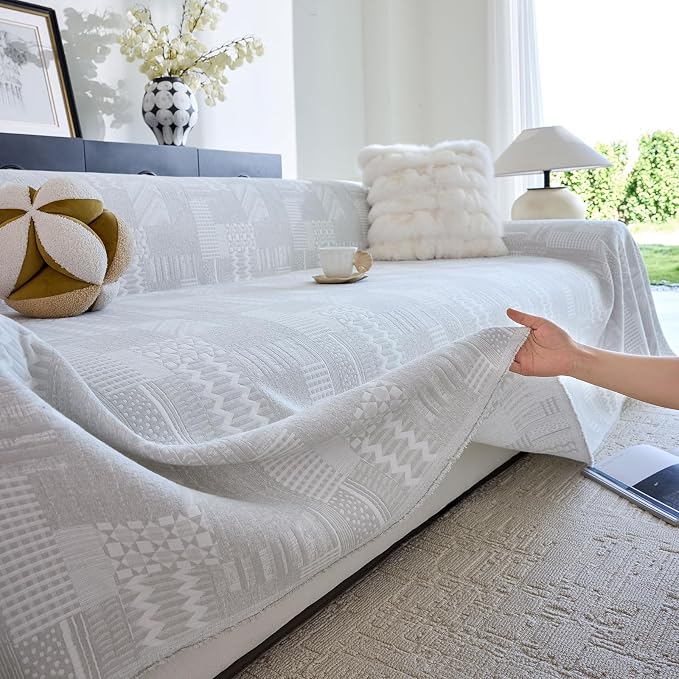 DREAMINGO Vintage Patchwork 3-Layer Gauze Geometric Jacquard Sofa Cover, Farmhouse Couch Cover Blanket for 3 Seater, Living Room Washable Furniture Protector, Cream Grey, 91"x134" - Image 4