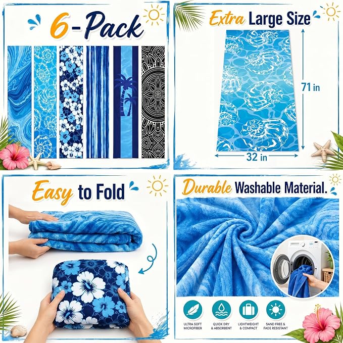 6 Pack Microfiber Beach Towel Set 32x71 Oversized Extra Large Swim Pool Towel Absorbent Bath Blanket Soft Fiber Beach Towels Set for Spa Travel Swim Pool Accessories Vacation Essential Gift(Blue) - Image 3