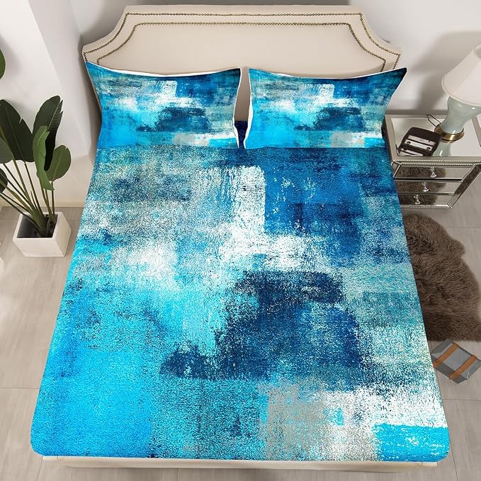 Erosebridal Turquoise and Grey Bed Sheets Set King,Retro Teal Ombre Sheet Set for Adult,Watercolor Artwork Sheets Bedroom Decor,Contemporary Flat Fitted Sheet with 2 Pillowcases - Image 2