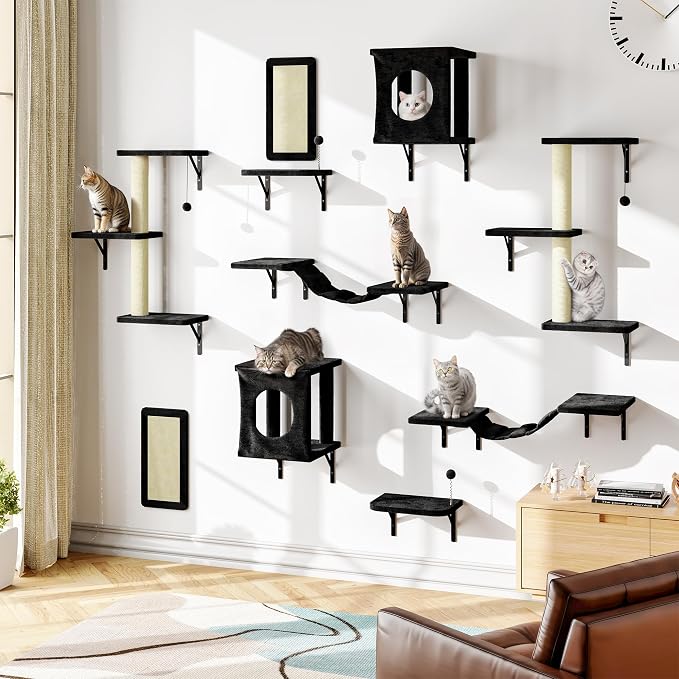 Cat Wall Shelves, 10-in-1 Wall-Mounted Cat Furniture Set | Large Cat Climber Set with House, Bridge, Steps, Scratcher, DIY Playground, Shelves for Indoor Wall Furniture Set - Black by NUNULAB