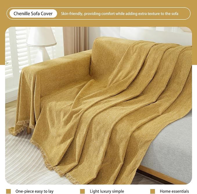 DREAMINGO Modern Minimalism Couch Cover for 3 Cushion Couch Sofa Mustard Yellow 3 Seat Sectional Sofa Covers Chenille Couch Cover for Dogs Boho Herringbone Furniture Sofa Slipcover, 71"x134" - Image 6