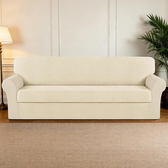 Oversized Sofa Cover Stretching Skid Resistance Couch Cover for Pets Washable, Thick and Durable Soft High Spandex Striped Pattern Sofa Covers (Oversized Sofa, Ivory) - Image 7