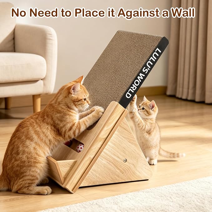 Lulu's World Cardboard Cat Scratcher with Wooden Stand, Freestanding Vertical Cat Scratching Board with Replaceable Double-Sided Scratch Pad, Ball Toy and Debris Tray for Indoor Cats,Long-termism - Image 9