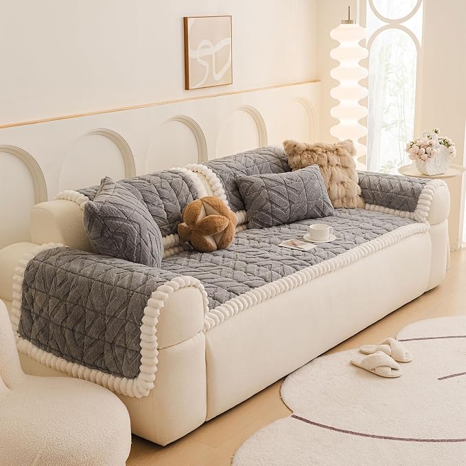 OTOB Plush Couch Protector for Dogs Washable, Fuzzy Non Slip Pet Sofa Cover | Gray, 27.6"x70.9", Pet Friendly, All Season, Modern Geometric Jacquard, Soft Breathable, Furniture Protector, Modern - Image 9